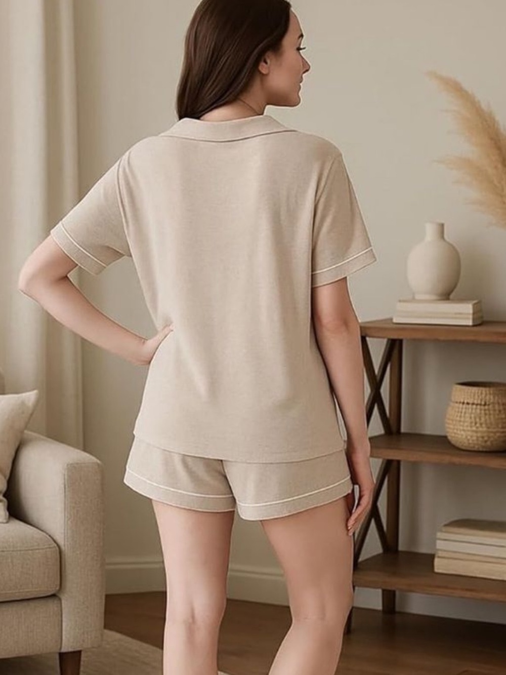 Short Sleeve Knit Pajama Set in Beige — Relaxed Women’s Lounge Set